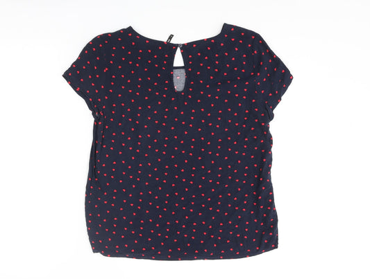 Only Womens Blue Geometric Viscose Basic Blouse Size 8 Round Neck - Heart Print