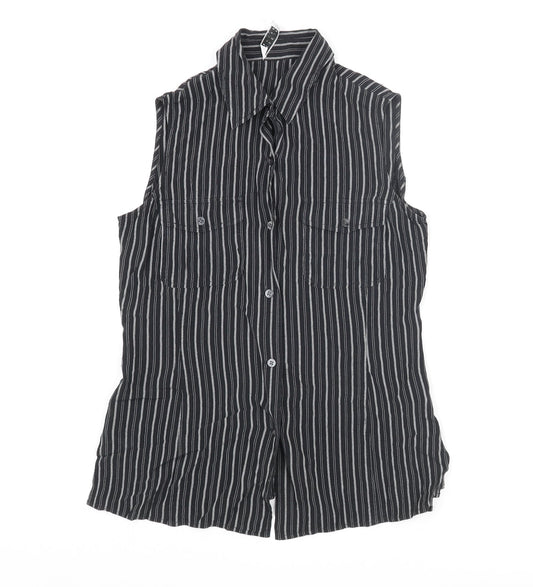 Precis Womens Black Striped Viscose Basic Button-Up Size 8 Collared