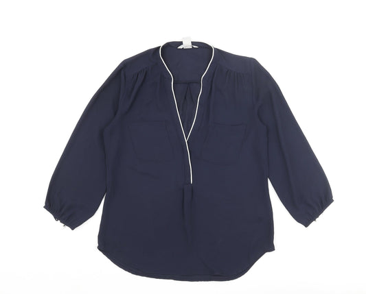H&M Womens Blue Polyester Basic Blouse Size 6 V-Neck