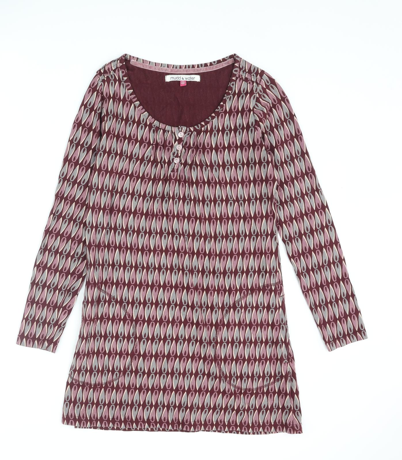 Mudd & Water Womens Purple Geometric Cotton Mini Size 8 Henley Button - Pocket