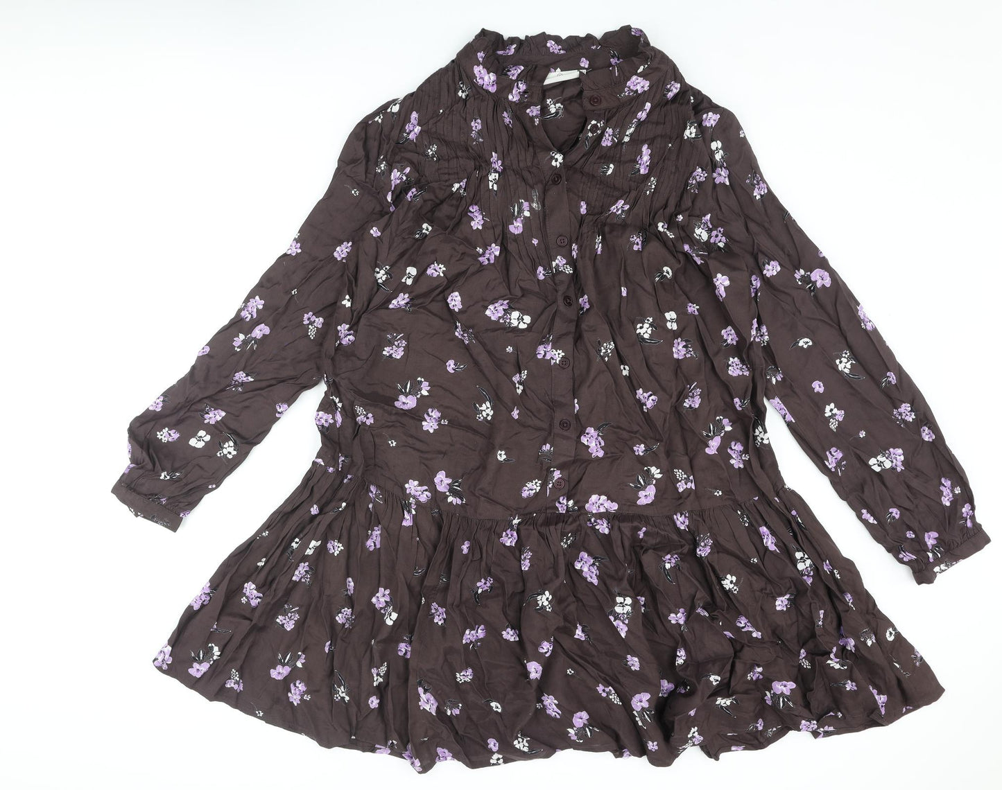 Kaffe Womens Brown Floral Viscose A-Line Size 14 V-Neck Button - Frill