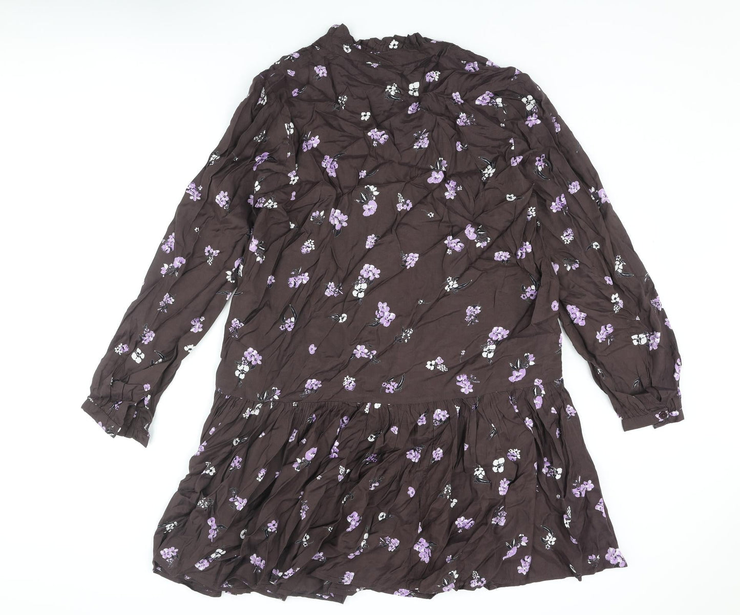 Kaffe Womens Brown Floral Viscose A-Line Size 14 V-Neck Button - Frill