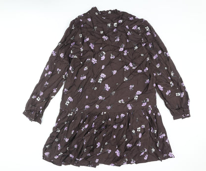 Kaffe Womens Brown Floral Viscose A-Line Size 14 V-Neck Button - Frill