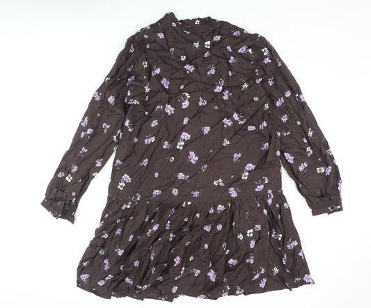 Kaffe Womens Brown Floral Viscose A-Line Size 14 V-Neck Button - Frill