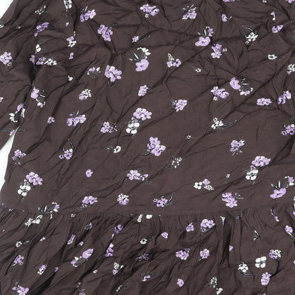 Kaffe Womens Brown Floral Viscose A-Line Size 14 V-Neck Button - Frill