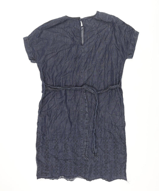 NEXT Womens Blue Cotton Shift Size 8 Round Neck Button - Belted Embroidered Hem