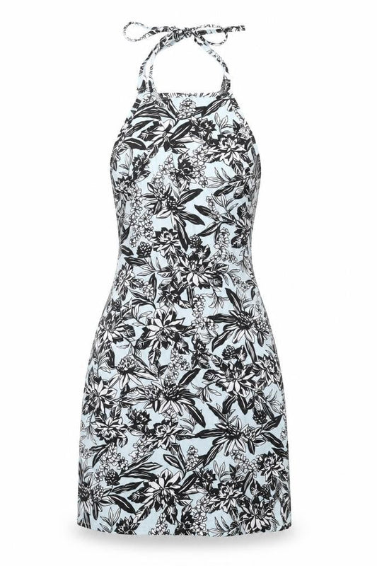 Front view of In the Style women’s multicoloured floral polyester mini, size UK 10, halter tie
