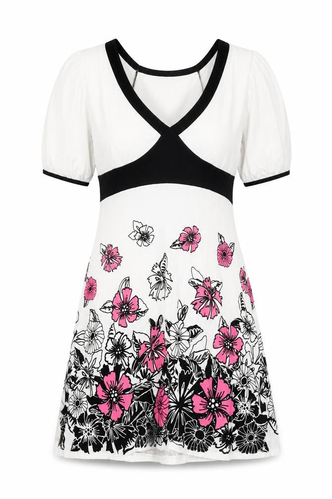 Bay Womens White Viscose A-Line Size 12 V-Neck Pullover - Floral Belted