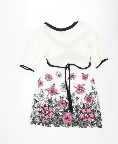 Bay Womens White Viscose A-Line Size 12 V-Neck Pullover - Floral Belted