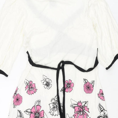 Bay Womens White Viscose A-Line Size 12 V-Neck Pullover - Floral Belted