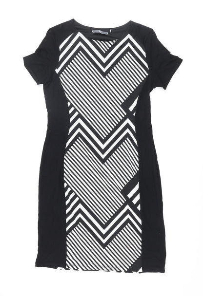 BHS Womens Black Geometric Polyester Bodycon Size 12 Round Neck Pullover