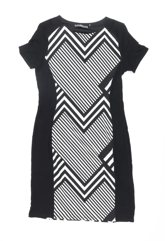 BHS Womens Black Geometric Polyester Bodycon Size 12 Round Neck Pullover