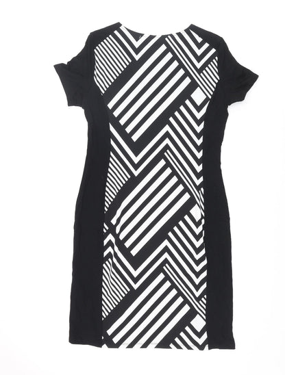 BHS Womens Black Geometric Polyester Bodycon Size 12 Round Neck Pullover
