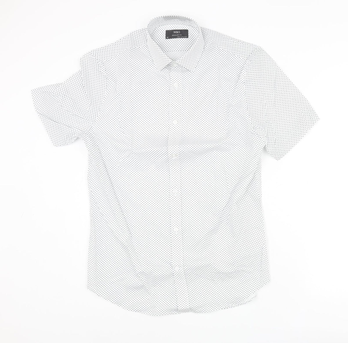 Marks and Spencer Mens White Geometric Cotton Button-Up Size 15 Collared Button