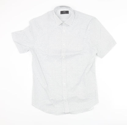 Marks and Spencer Mens White Geometric Cotton Button-Up Size 15 Collared Button