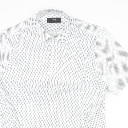 Marks and Spencer Mens White Geometric Cotton Button-Up Size 15 Collared Button