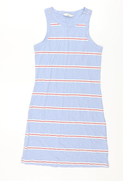 Marks and Spencer Womens Blue Striped Cotton Tank Dress Size S Crew Neck Pullover