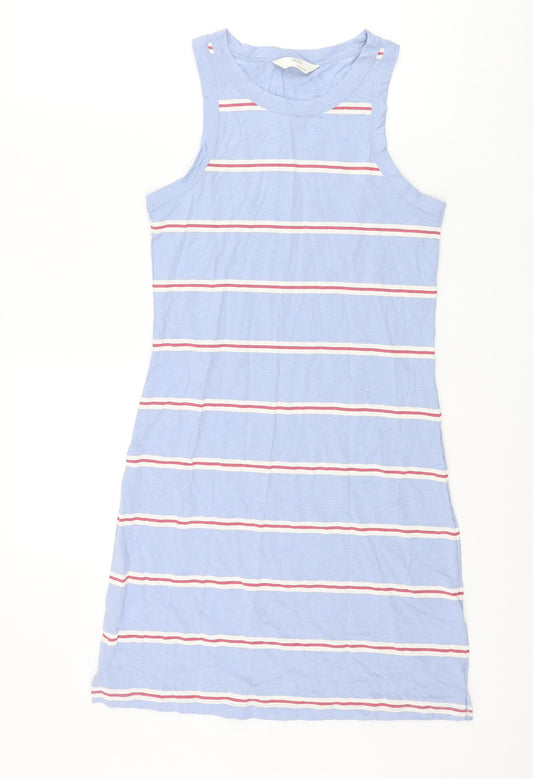 Marks and Spencer Womens Blue Striped Cotton Tank Dress Size S Crew Neck Pullover
