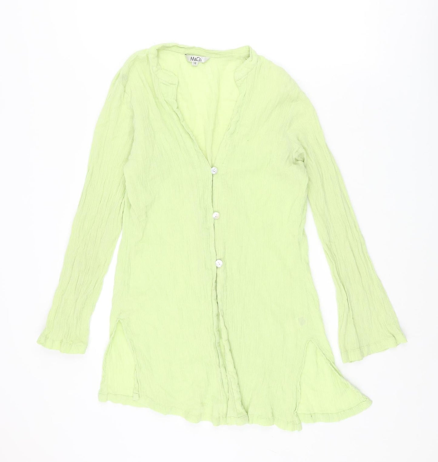 M&Co Womens Green Cotton Basic Button-Up Size 14 V-Neck