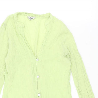 M&Co Womens Green Cotton Basic Button-Up Size 14 V-Neck