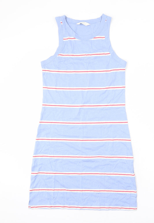 Marks and Spencer Womens Blue Striped Cotton Tank Dress Size S Round Neck Pullover