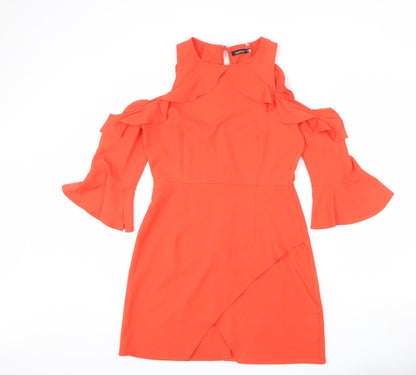 Boohoo Womens Orange Polyester A-Line Size 12 Round Neck Zip - Layered Ruffle Effect