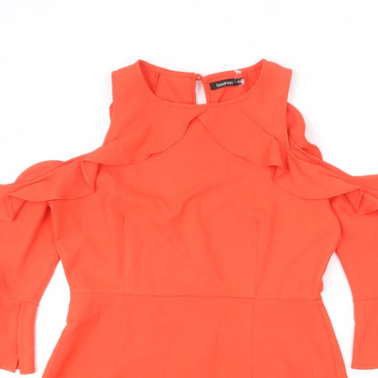Boohoo Womens Orange Polyester A-Line Size 12 Round Neck Zip - Layered Ruffle Effect