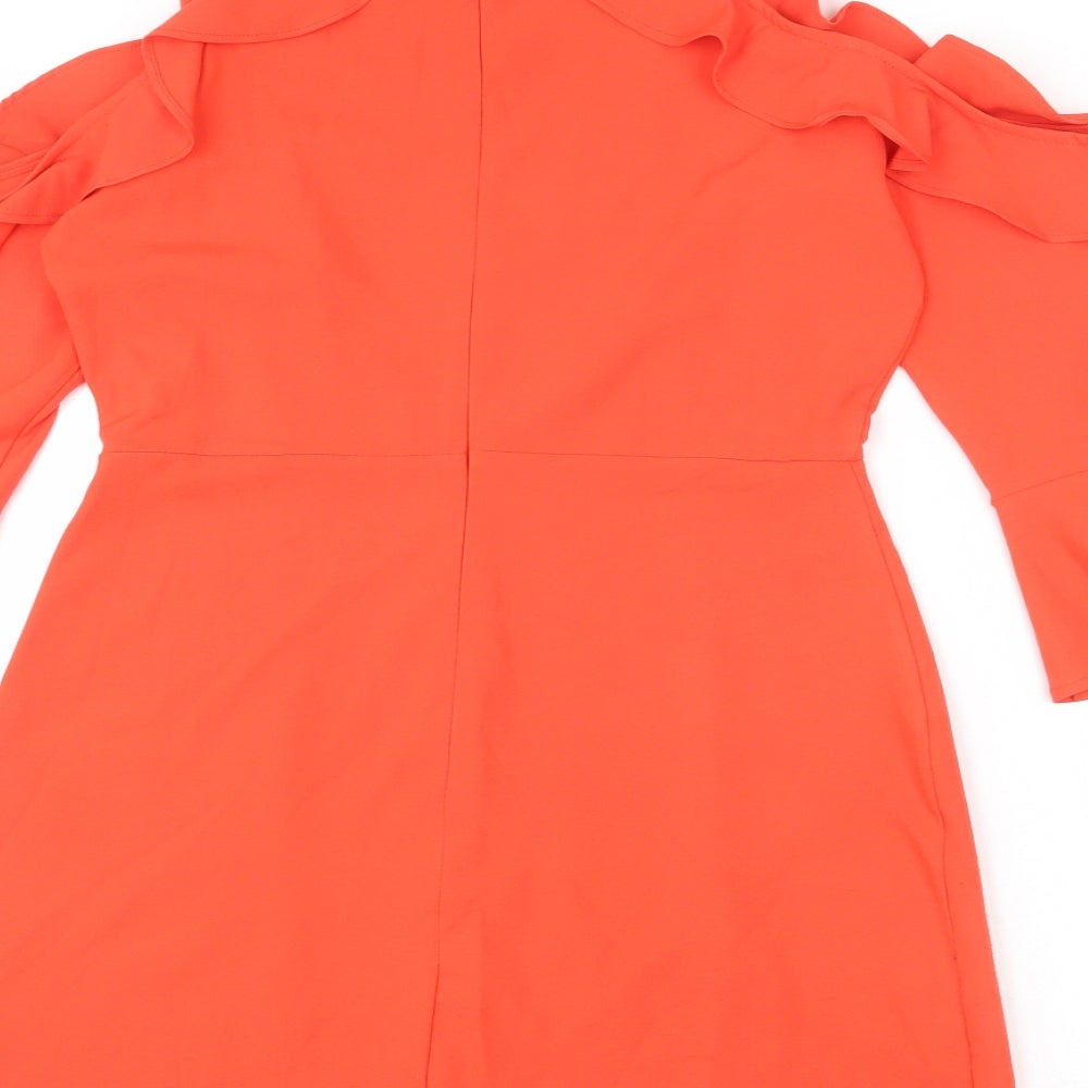 Boohoo Womens Orange Polyester A-Line Size 12 Round Neck Zip - Layered Ruffle Effect