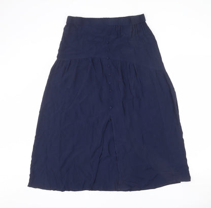 Marks and Spencer Womens Blue Viscose A-Line Skirt Size 12 - Front Slit, Button Detail