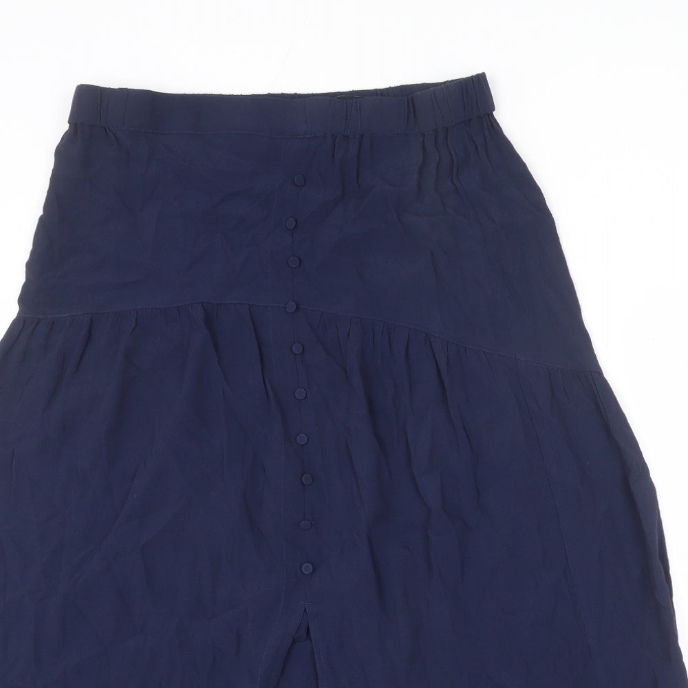 Marks and Spencer Womens Blue Viscose A-Line Skirt Size 12 - Front Slit, Button Detail