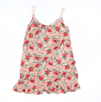 Oasis Womens Multicoloured Floral Viscose A-Line Size XS V-Neck Pullover - Hibiscus, Leaves, Flare Hem