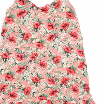 Oasis Womens Multicoloured Floral Viscose A-Line Size XS V-Neck Pullover - Hibiscus, Leaves, Flare Hem