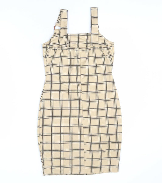 Select Womens Beige Plaid Polyester Bodycon Size 8 Square Neck Pullover