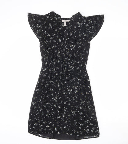H&M Womens Black Floral Polyester A-Line Size 4 V-Neck Pullover - Tie Detail