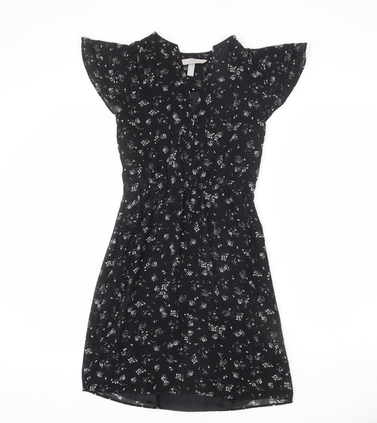 H&M Womens Black Floral Polyester A-Line Size 4 V-Neck Pullover - Tie Detail