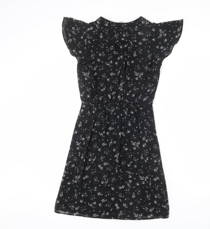 H&M Womens Black Floral Polyester A-Line Size 4 V-Neck Pullover - Tie Detail