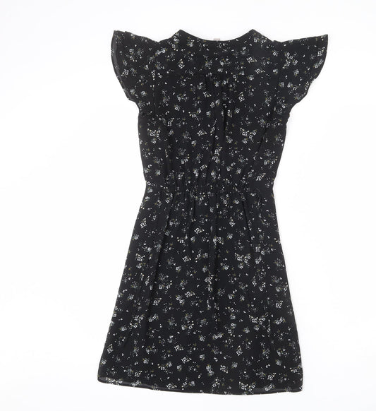 H&M Womens Black Floral Polyester A-Line Size 4 V-Neck Pullover - Tie Detail
