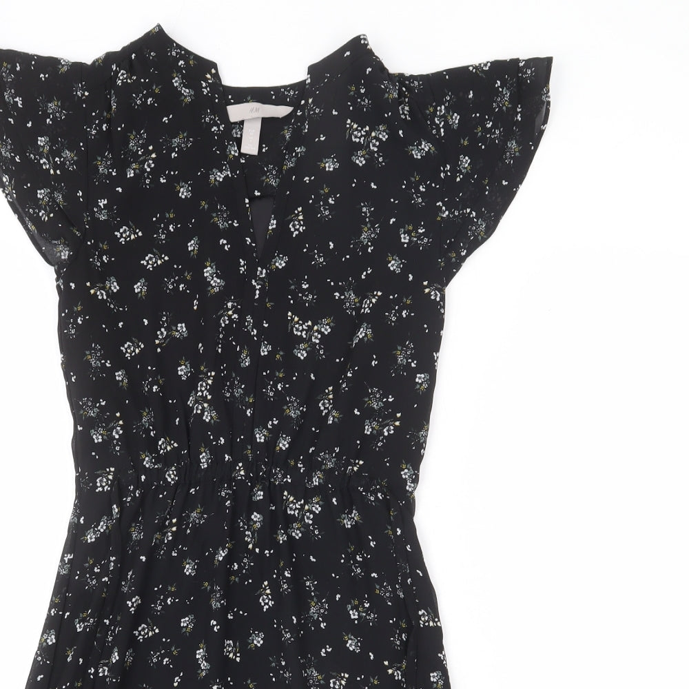 H&M Womens Black Floral Polyester A-Line Size 4 V-Neck Pullover - Tie Detail