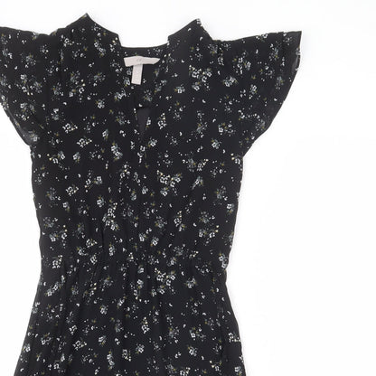 H&M Womens Black Floral Polyester A-Line Size 4 V-Neck Pullover - Tie Detail