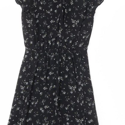 H&M Womens Black Floral Polyester A-Line Size 4 V-Neck Pullover - Tie Detail