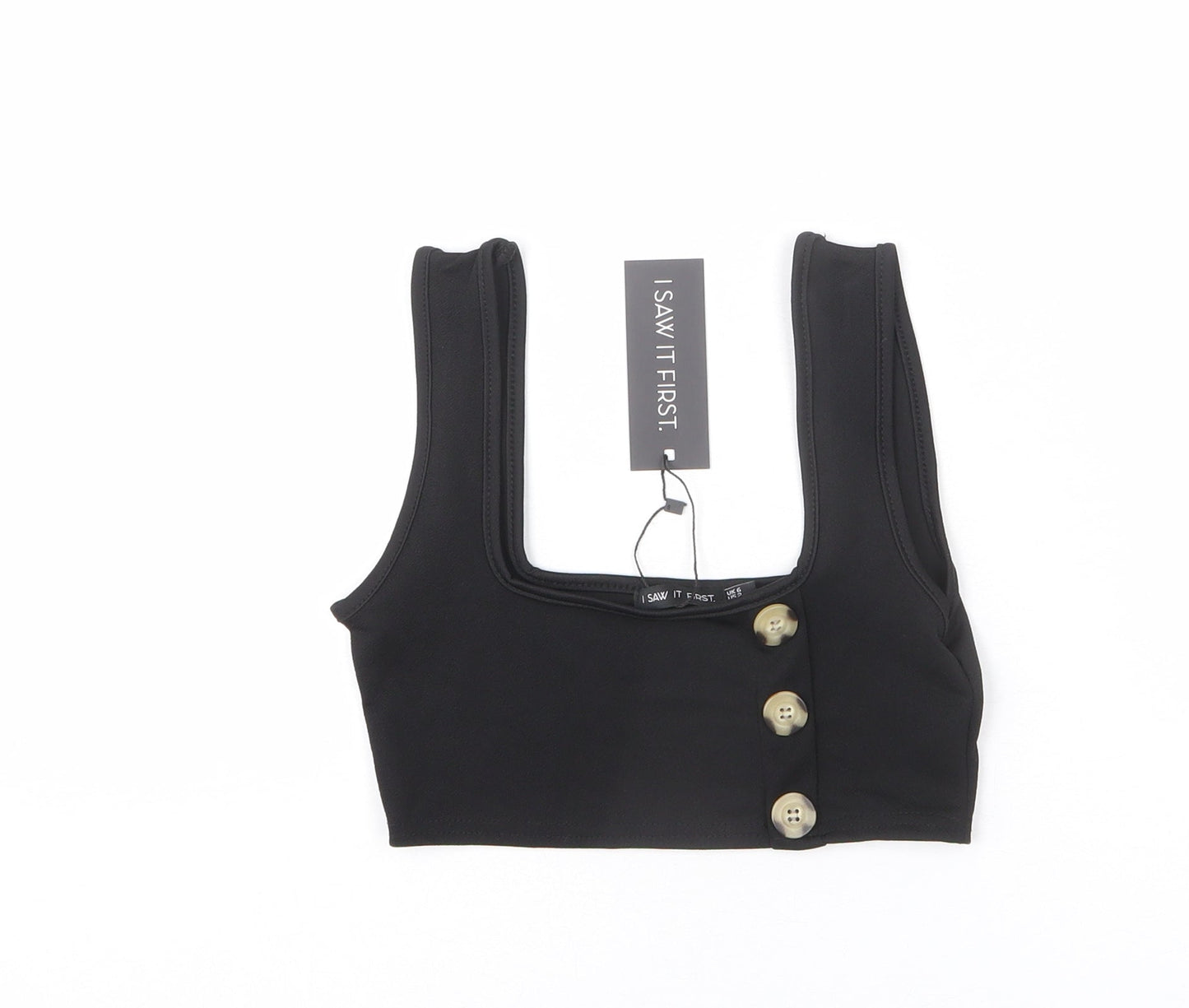 I SAW IT FIRST Womens Black Polyester Cropped Tank Size 6 Square Neck - Button Detail