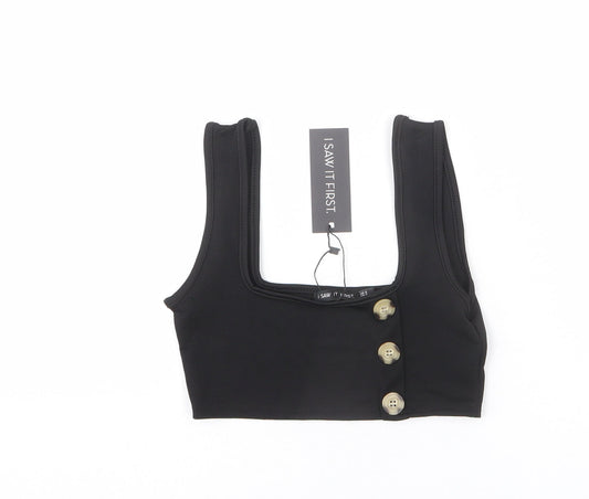 I SAW IT FIRST Womens Black Polyester Cropped Tank Size 6 Square Neck - Button Detail