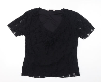 Bonmarché Womens Black Nylon Wrap T-Shirt Size M V-Neck - Lace