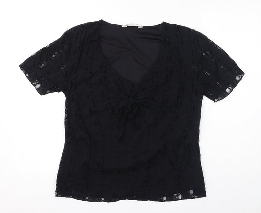 Bonmarché Womens Black Nylon Wrap T-Shirt Size M V-Neck - Lace