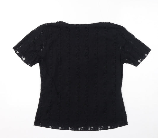 Bonmarché Womens Black Nylon Wrap T-Shirt Size M V-Neck - Lace