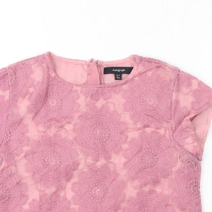 Autograph Girls Pink Floral Polyester Basic T-Shirt Size 6-7 Years Round Neck Zip