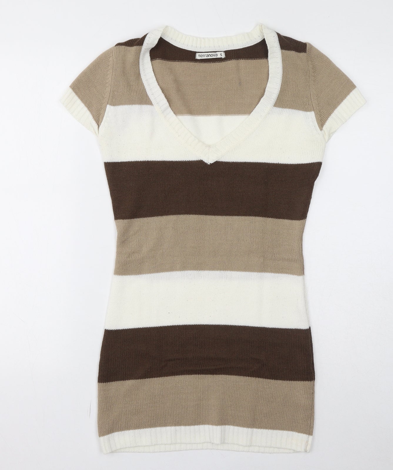 Terranova Womens Brown Striped Acrylic Bodycon Size S V-Neck Pullover