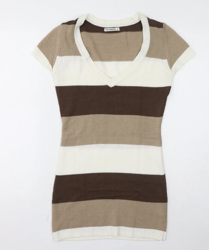 Terranova Womens Brown Striped Acrylic Bodycon Size S V-Neck Pullover