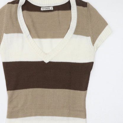 Terranova Womens Brown Striped Acrylic Bodycon Size S V-Neck Pullover