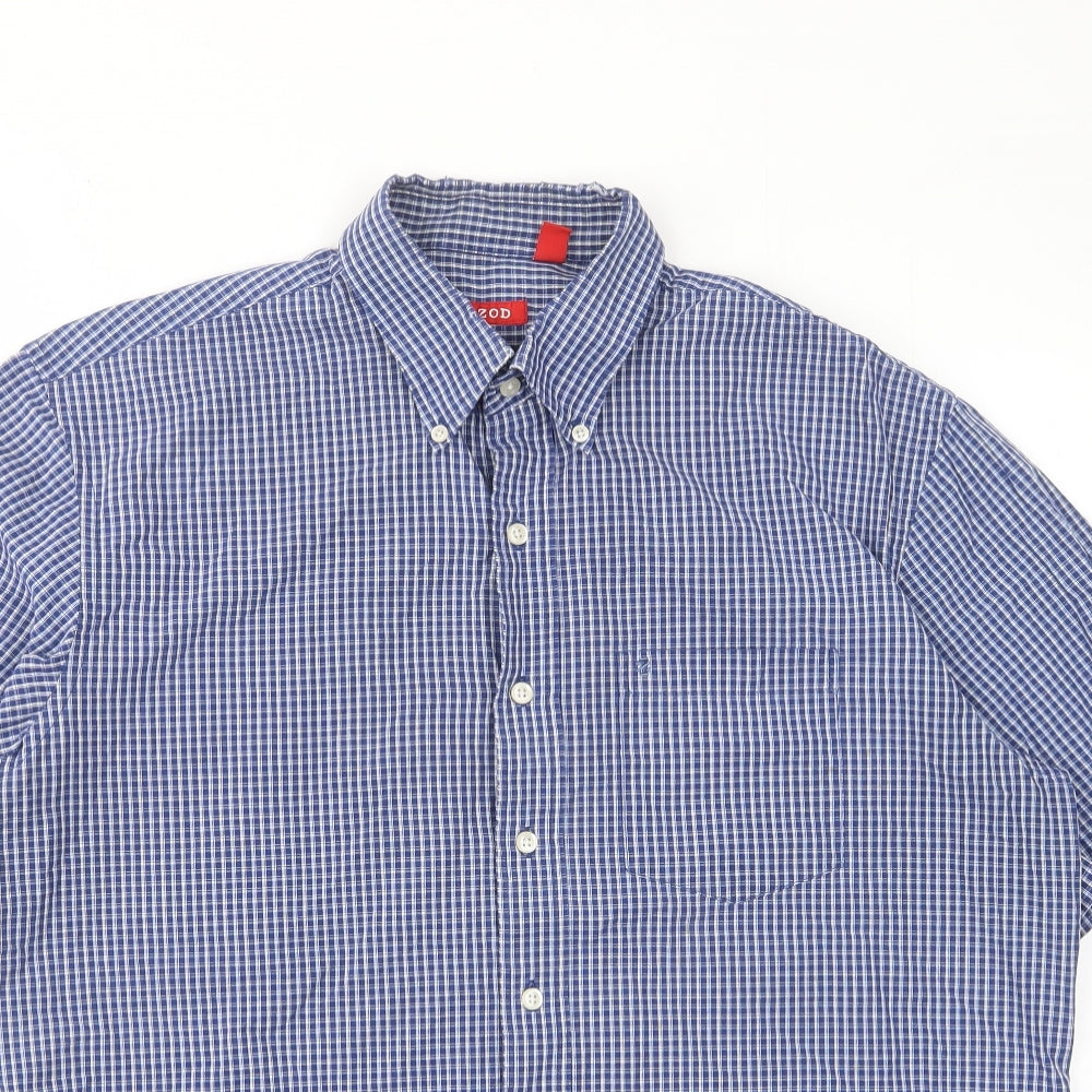 IZOD Mens Blue Plaid Cotton Button-Up Size L Collared Button - Pocket